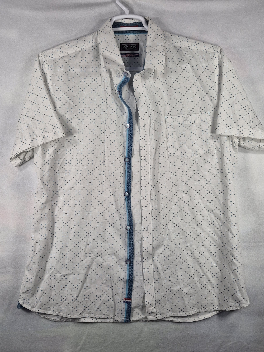 LON NYC Across The Pond Men's White Button-Up Short Sleeve Shirt with Geometric